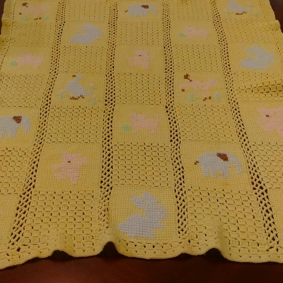 Yellow Hand Crochet Animal Vintage Baby Blanket - Picture 2 of 4